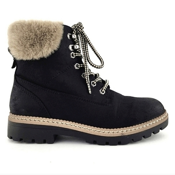 Steve Madden Astrixx Womens Ankle Boot Black Faux Fur Trim Side Zip Sz EU 37 / 7 - Picture 1 of 15